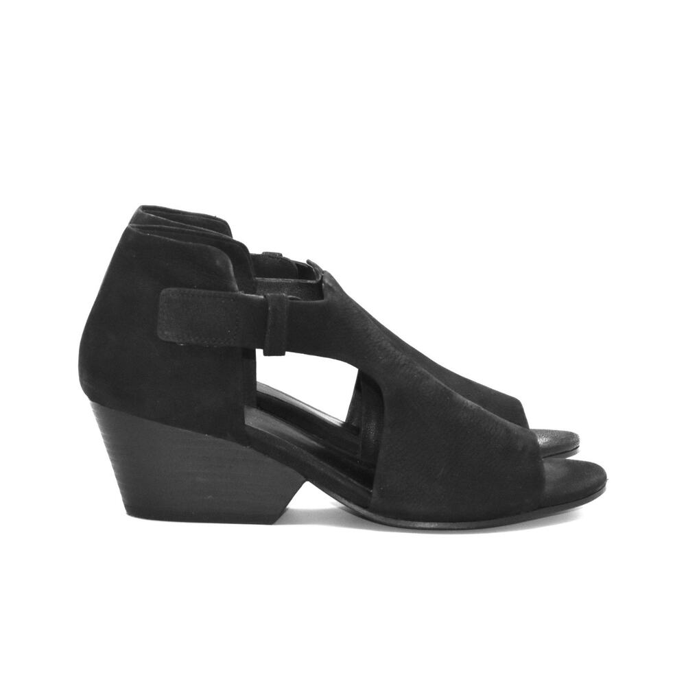 A7 Auth EILEEN FISHER Iris Black Nubuck Cutout Peep Toe Block Heels Sandals Sz 9 - Picture 2 of 7